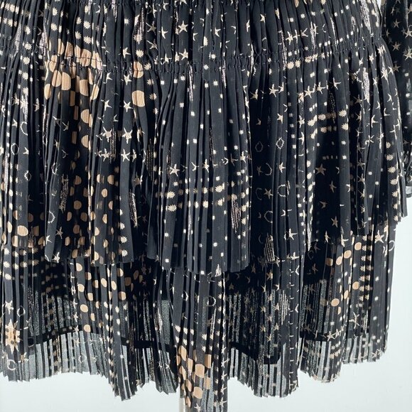 Current Air Black Gold Star Dot Print Long Sleeve Tiered Skirt Boho Mini Dress S - Picture 10 of 14